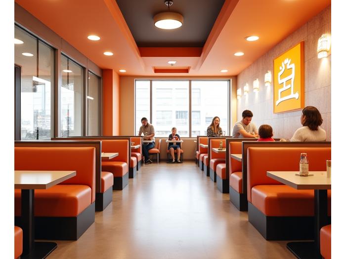 Geniş ve ferah, ailelerin rahatça oturabileceği bir restoran iç mekanı.