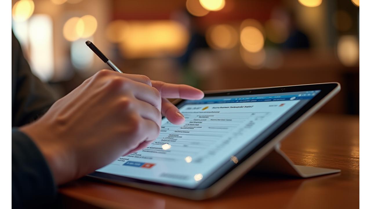 Bir tablet ekranında Kanat Evim franchise başvuru formunu dolduran bir kişi, arkasında modern restoran iç mekanı