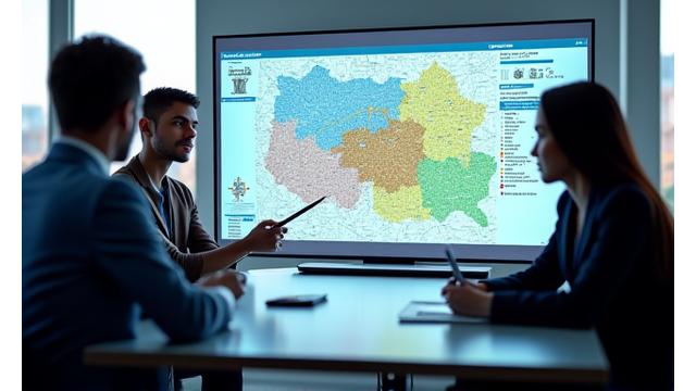 Bir harita üzerinde ideal lokasyon işaretlenmiş, elinde tablet olan bir uzman
