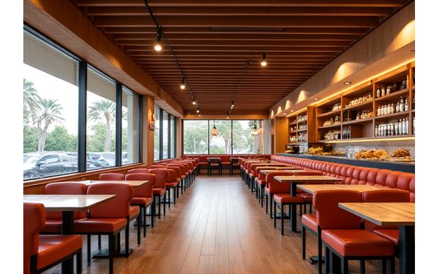 Modern ve geniş bir restoranın iç görünümü, ailelerin yemek yediği bir atmosfer