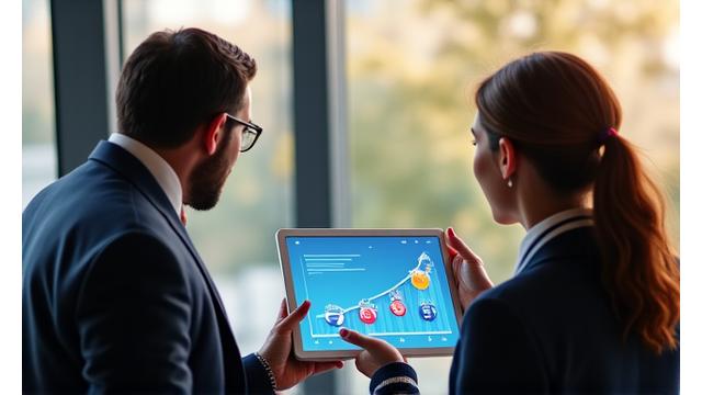 Grafik tablet üzerinde pazarlama stratejilerini gösteren iki iş insanı