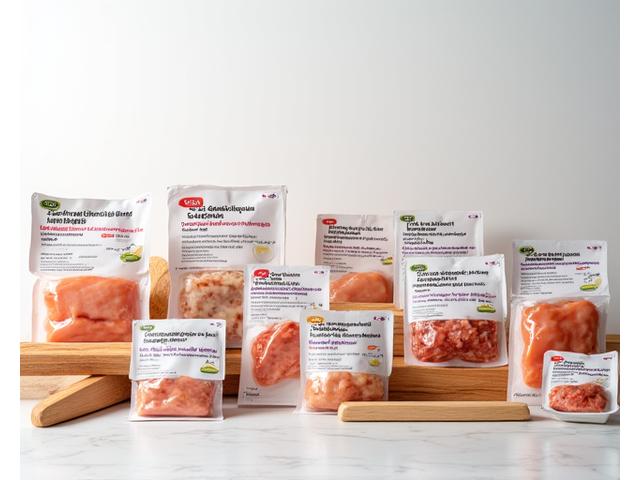 Glutensiz, düşük sodyumlu veya keto uyumlu olduğu etiketlenmiş çeşitli işlenmiş tavuk ürünleri paketleri.
