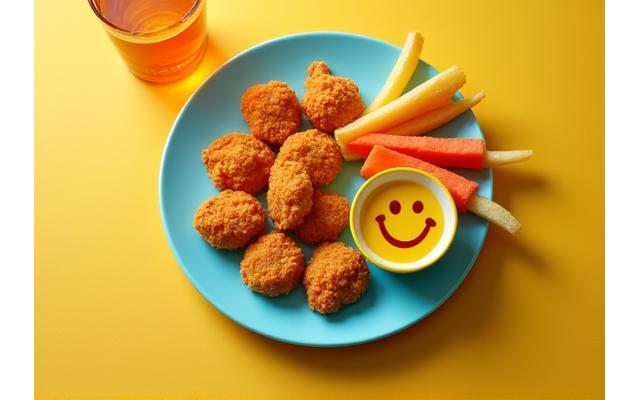 Çocukların seveceği şekilde sunulmuş, küçük tavuk nugget'ları veya şeritleri, yanında patates kızartması ve gülen yüz şeklinde ketçap.