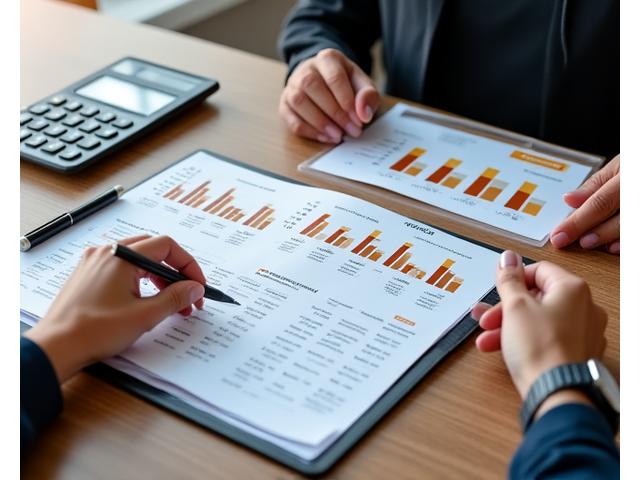 Bir masanın üzerinde grafikler ve hesap makinesi ile finansal verileri inceleyen Kanat Evim yöneticisi.