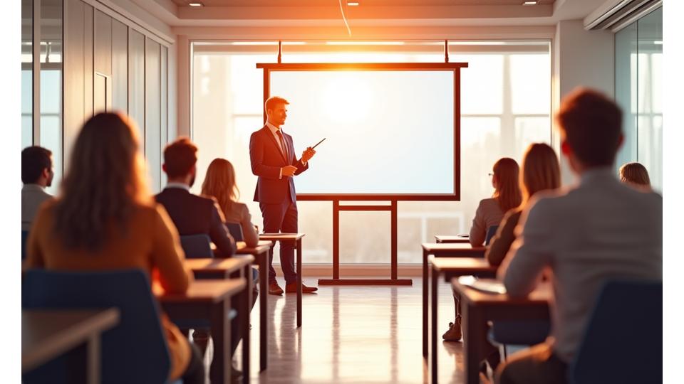 Sertifikalı uzman eğitmenlerle interaktif operasyonel eğitim. Bir derslik ortamında öğrenciler ve eğitmen tahtada ders anlatıyor.