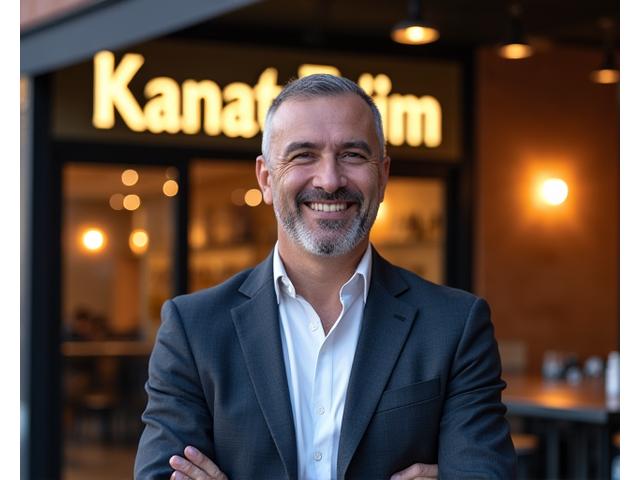 Başarılı bir restoranın önünde gülümseyen Ahmet Bey